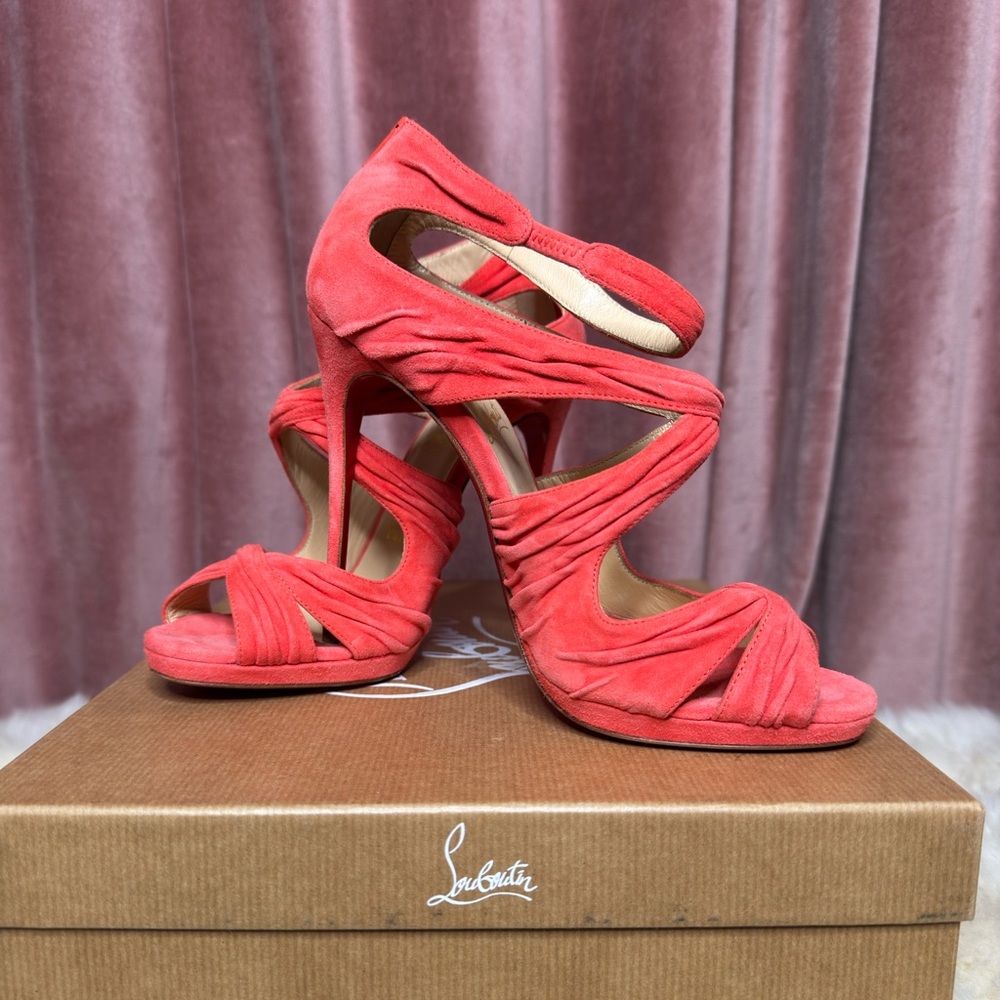 Christian Louboutin Kasia Strappy Coral Salmon Suede Leather Sandal Heels 38